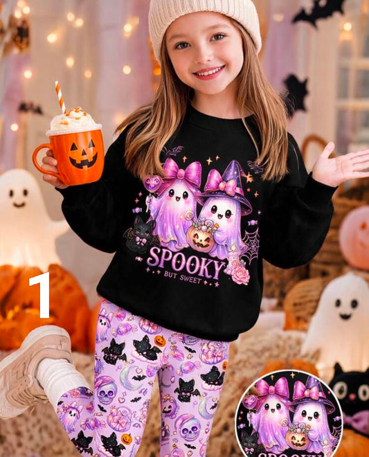 Too CUTE To Spook! Trick Or Treat! Casual Soft Crew Neck Loose Pullover Sweatshirt & Leggings Set For Girls.  Halloween, Girly Style, BOO
