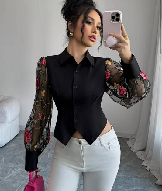 Plus Size - Elegant And Stylish Women'S Shirt with Black Patchwork, Embroidered Vintage Roses, French Tulle Sleeves, And a Collar,