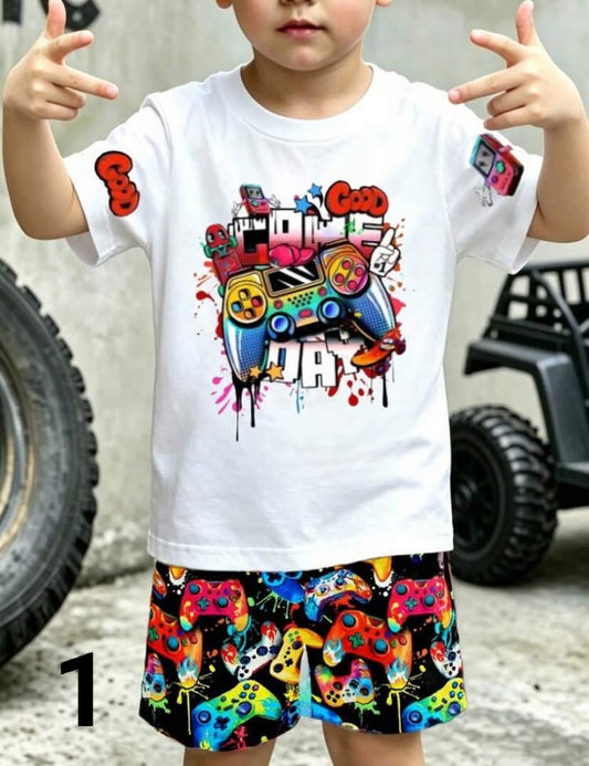 Young Boy Summer Casual Tie-Dye Cartoon Car Graphic Round Neck Short Sleeve T-Shirt And Shorts Set Young Boys 2 Piece