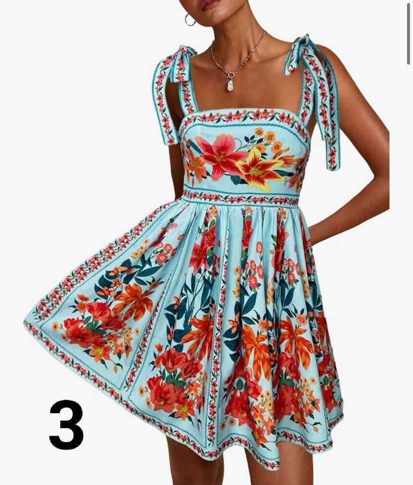Women's Floral Boho Skater Mini Dresses Tie Shoulder Smocked A Line Ruffle Dress Going Out Sundress