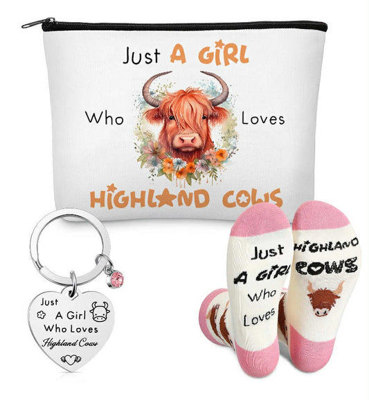3 Pcs Highland Cow Gift Set for Women Cow Lover Highland Keyring Cattle Makeup B