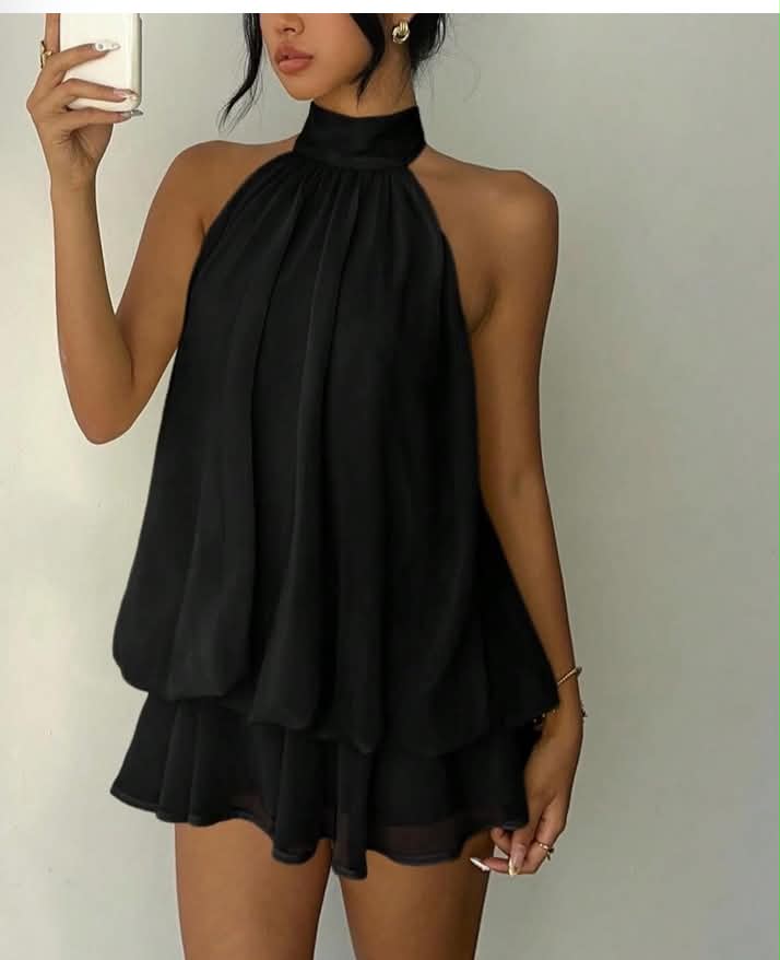 Sexy Backless Halter-Neck Strap-Waisted Blouse Puff-Sleeved Short Skirt Dress