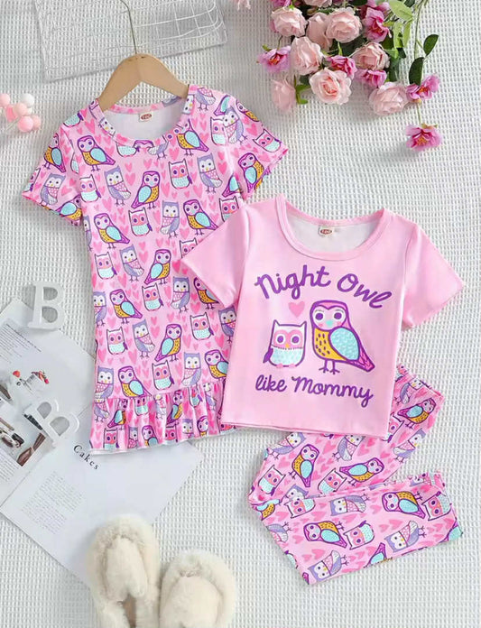Girls' Summer Cartoon Animal Print Pattern Short-Sleeved Pants + Nightgown Set