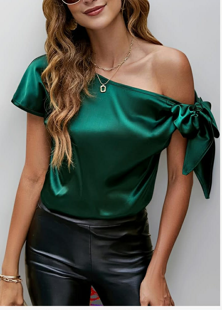 Womens Off Shoulder Silk Satin Tops Short Sleeve Casual Dressy Tunic Blouse Shirts