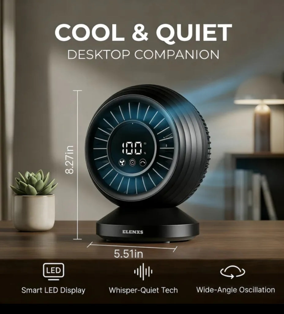 ELENXS Compact Air Circulator Desk Fan, Silent Low DB Electric Cooling Fans, Turbo Airflow Blades, High Definition Smart Digital Display, 100° Rotation, 8000Mah Extended Battery Life, 10-Hour Timer & 8 Speed Settings, Ideal for Bedrooms