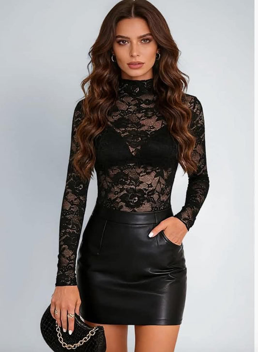 Lace Mesh Long Sleeve Top for Women, Sheer Floral Lace See Through Blouse