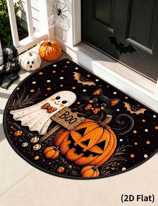1pc Halloween Floor Mat, Ghost Pumpkin Bat Cat Pattern Carpet,