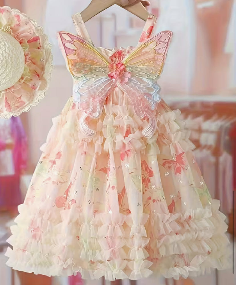 Summer Dress for Girls with Layered Ruffles And Mesh, Featuring Butterfly Prints, Stylish Princess Dress for Children, Suitable for Performances