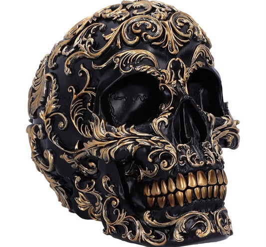 Renaissance Skull 19cm, Resin, Black & Gold, Gold Baroque Style Pattern, Black Skull