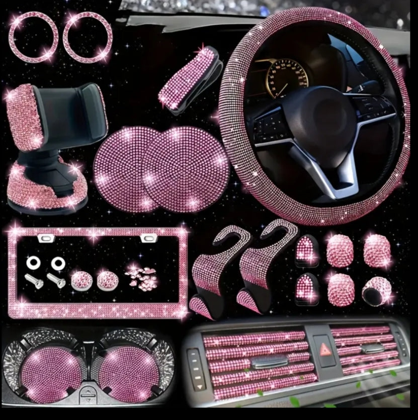 26 pcs of diamond-encrusted interior car accessories, including steering wheel covers, phone holders, license plate frames, car hitches, water cup pads, one-key start rings, air vent decorative strips, etc.