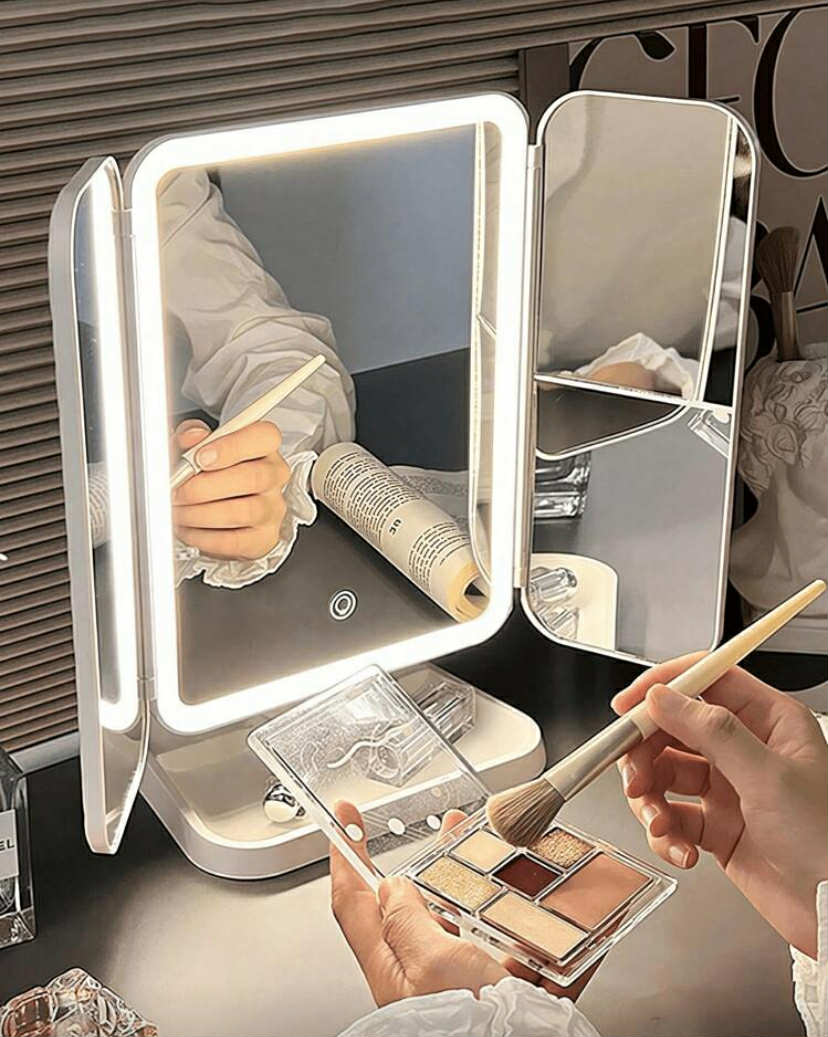 1 PC Tri-Fold LED Makeup Mirror, Table Dressing Mirror With 3x/2x/1x