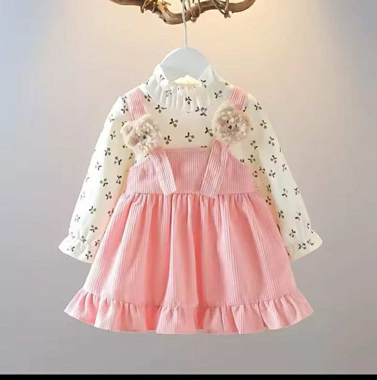 Spring Autumn Long Sleeve Pinafore Dress with Cute Cherry Bear Print