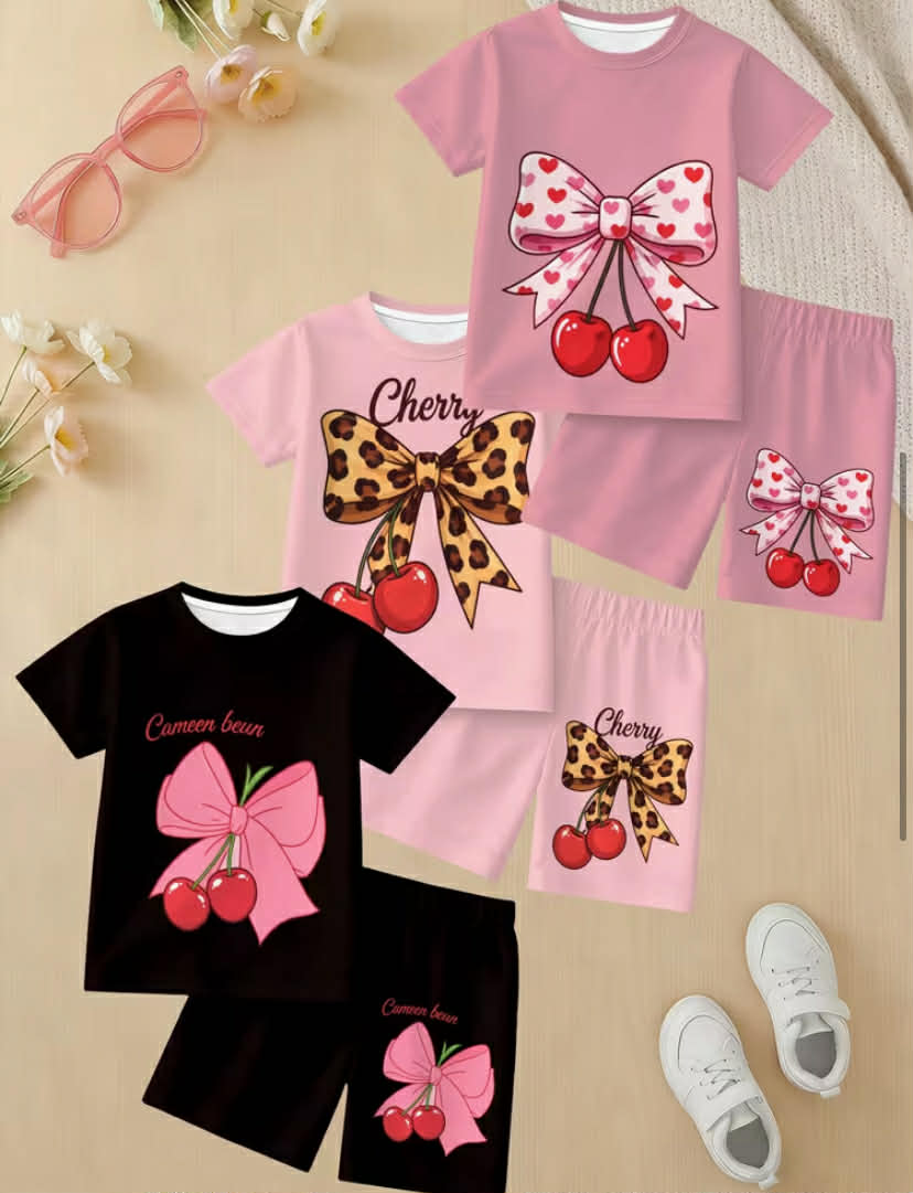 3-Set 6pcs Girls' Short Sleeve Short Shorts Outfit, 3D Print Cherry Bow Pattern Short Sleeve T-Shirt And Shorts Set