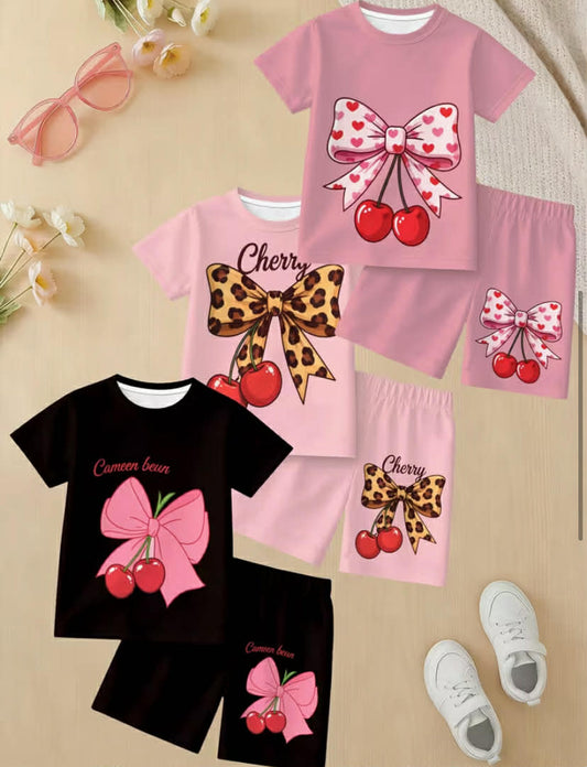 3-Set 6pcs Girls' Short Sleeve Short Shorts Outfit, 3D Print Cherry Bow Pattern Short Sleeve T-Shirt And Shorts Set