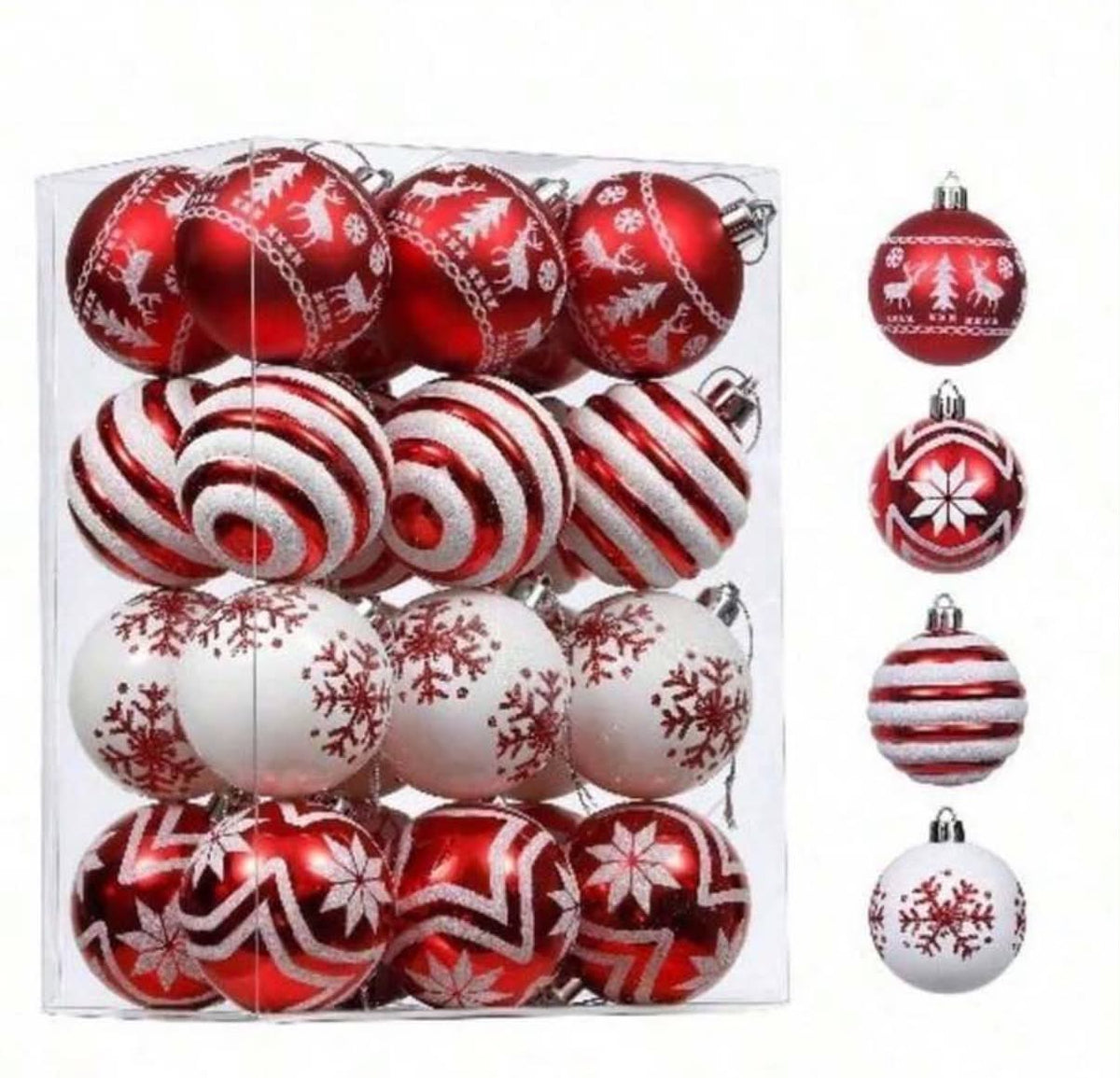 🎄12pcs Glitter Christmas Balls, Red And White Snowflake Spiral Pattern⛄