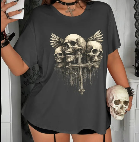 Gothic Short-Sleeved Top Retro Distressed Golden Skull Wings Cross Print Round Neck T-Shirt
