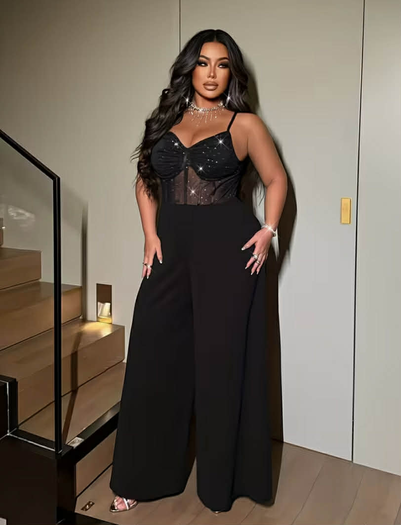Sexy Party Halter Top, Sparkly Stretch Mesh Wide-leg Jumpsuit