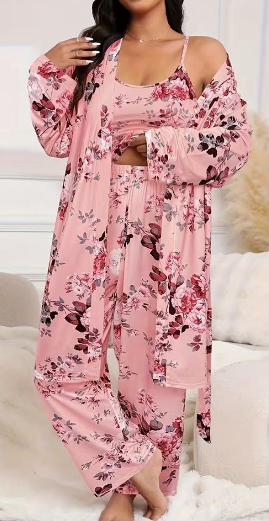 3pcs Plus Size Women's Floral Print Cami Pants & Long Sleeve Robe Set  Elegant Casual Sleepwear