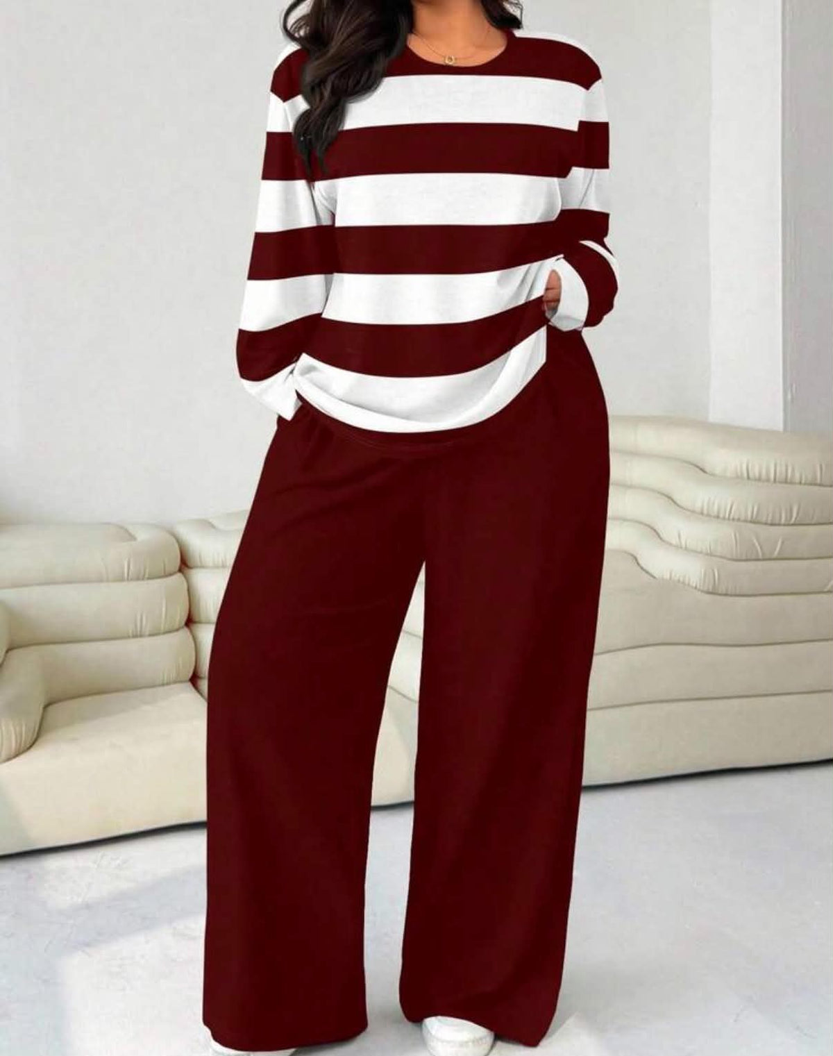 2pcs Set Plus-Size Women's Black And White Striped Round Neck Long-Sleeved T-Shirt And Pants
