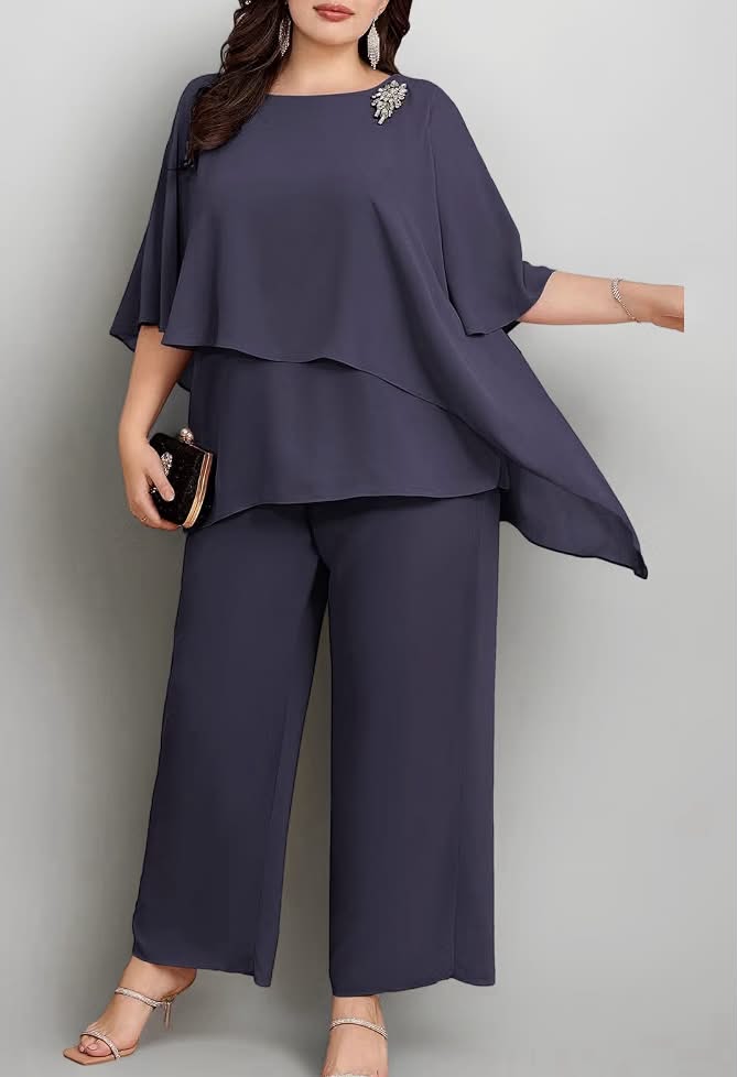 2-Piece Set Cocktail Party Festive Trouser Suit Two-Piece Chiffon Shirt and High Waist Trouser Suit