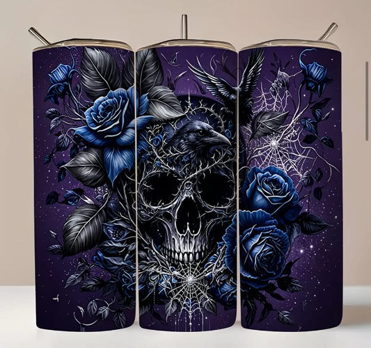 Dark Gothic Mystical Skull Raven Blue Rose Spider Web Art Print 20oz Portable Drinking Tumbler
