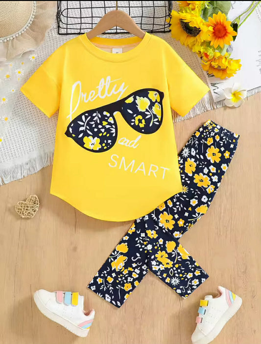 2 Pcs Girls Clothing Set Summer Cotton Short Sleeve Tops Pants