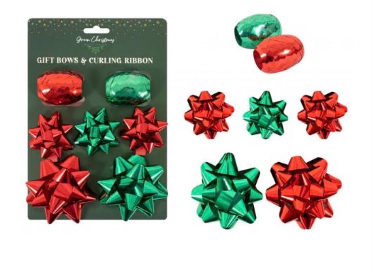 Green & Red Christmas Foil Gift Bows & Curling Ribbon