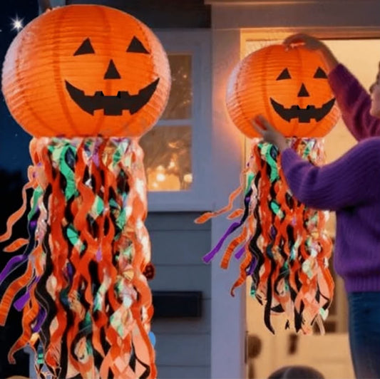35in Halloween Pumpkin Shaped Paper Lantern With Colorful Transparent Film, Wavy Ribbons, Jack-O'-Lantern Design, Horror Elements