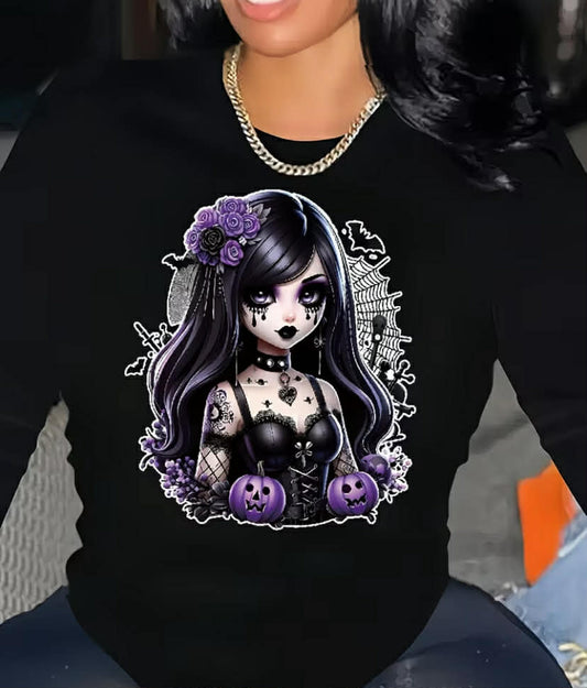 Gothic Lace-Up Graphic T-Shirt for Women - Black Long Sleeve Crew Neck, Stretchy Polyester Blend, Casual Spring/Fall Fashion with Purple Roses & Jack-O'-Lanterns Design, Gothic Clothing