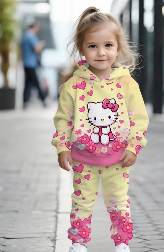 2 pcs Girls' Hello Kitty Floral Heart Digital Print Design, Long-Sleeve Hooded Sweatshirt And Sweatpants Set,