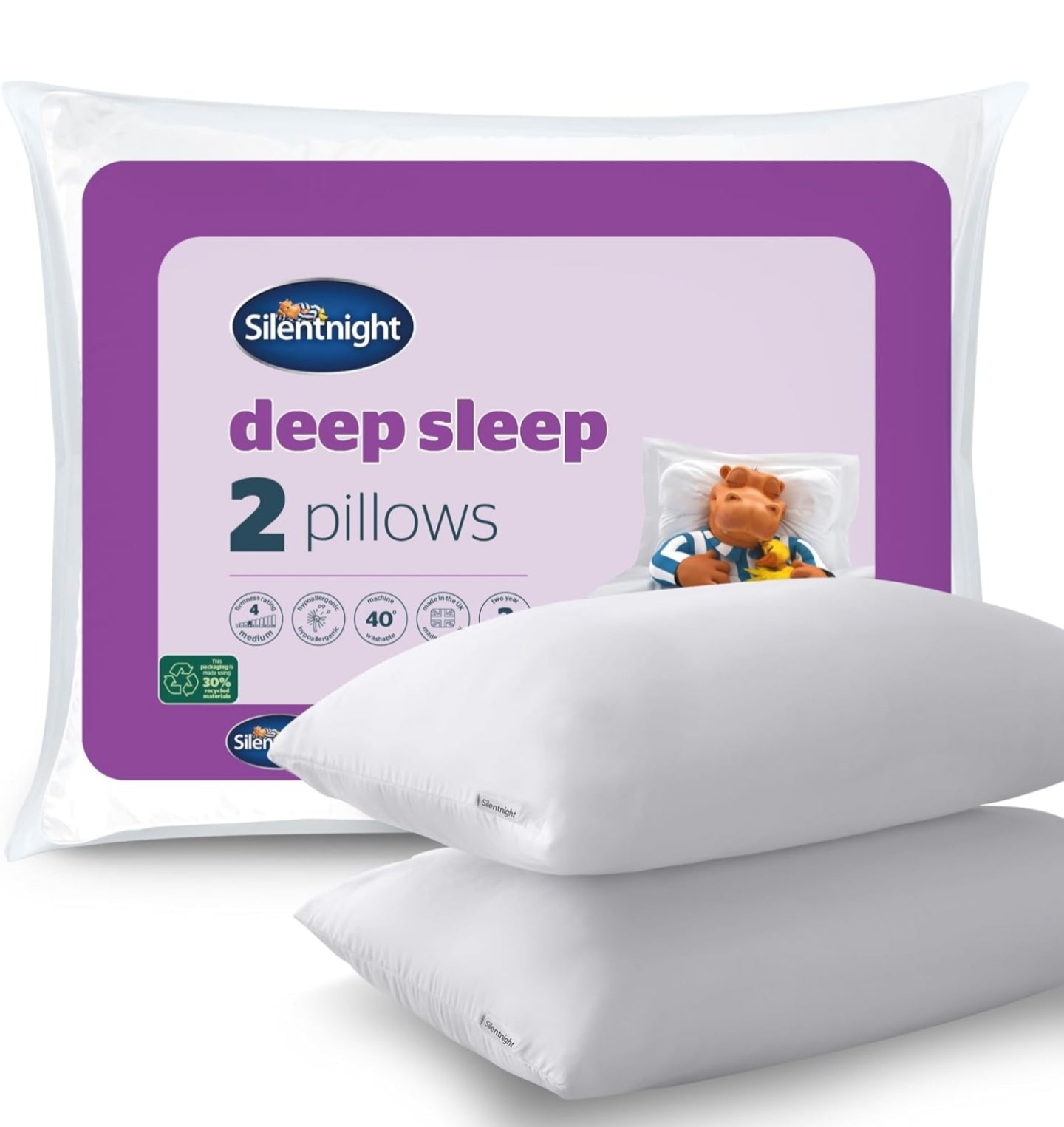 Silentnight Deep Sleep Pillows 2 Pack – Medium Support Comfortable Hollowfibre Bed for Front, Back and Side Sleepers Machine Washable