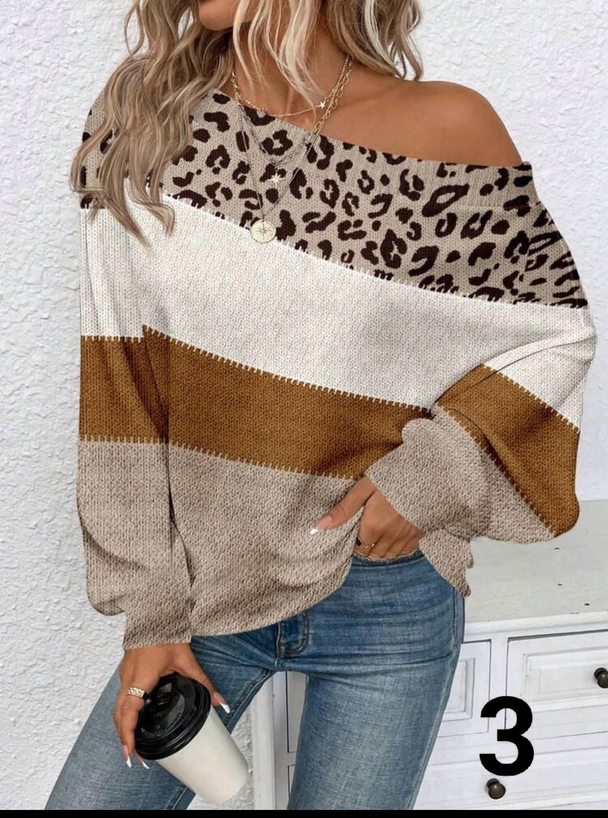 Women Leopard & Striped Patchwork Off-Shoulder Fashionable Versatile Long Sleeve Sweater, Suitable For  Spring, Fall