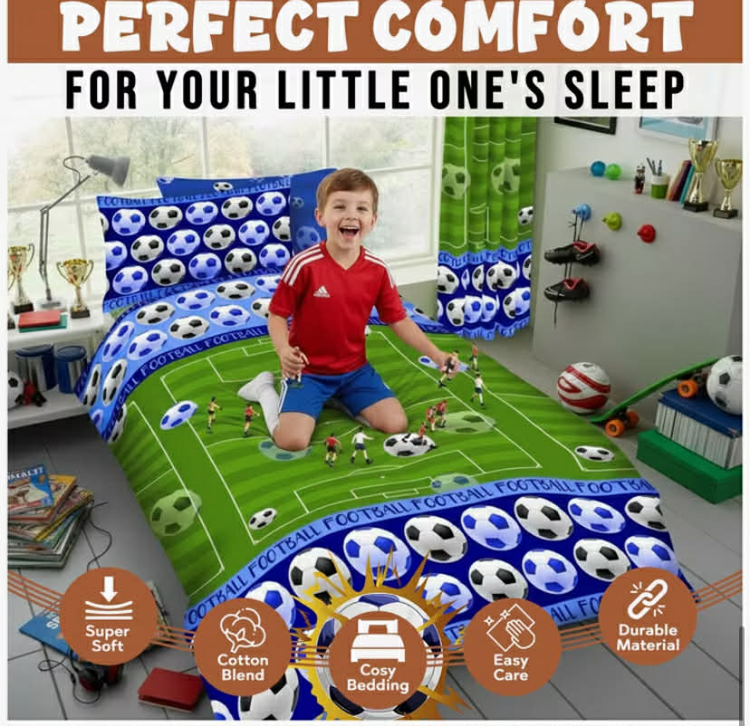 Kids Football Single Duvet Cover Set  Soccer Ball Bedding for Boys Green Pitch Quilt Cover with Pillowcase Cotton Blend Super Soft Easy Care Single Bed Set  Breathable