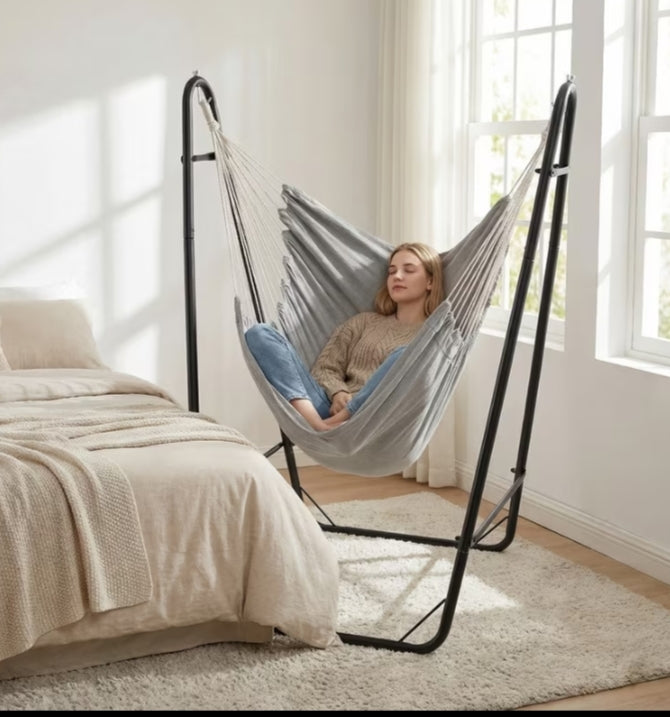 Heavy-duty Hammock Chair w/ Stand, Swing Chair w/Sturdy Metal Frame, Storage Pocket, Quality Fabric, No Beam Design, Indoor Outdoor Hanging Chair for Living Room, Patio, Yard,