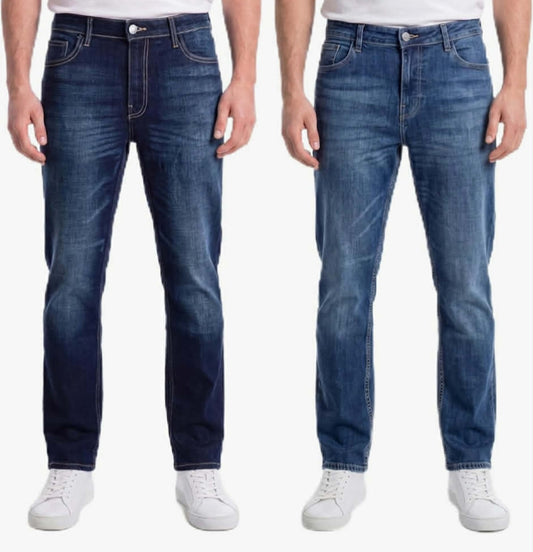 SMITH & JONES 2 Pack Mens Stretch Jeans Zip Fly, Classic Everyday Denim Trousers Stretchy Man Straight Leg Jean Black Blue Stonewash Dark Regular Waist Twin Multipack