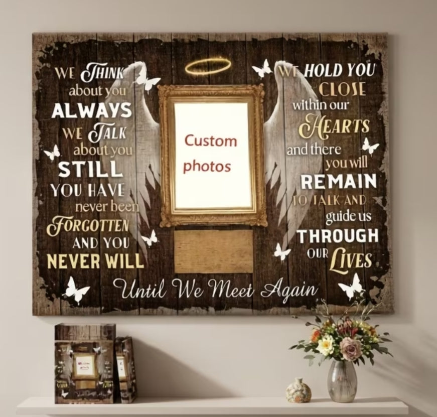 2D Flat, Customizable Memorial Canvas Wall Art, Personalized Sympathy Gift Until We Meet Again" Tribute, 1pc Framed Canvas with Angel Wings Design, Durable Major Material for Lasting Memories, 11.8x15.7 Inches