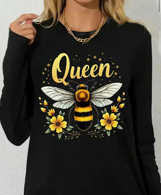 Queen Bee Floral Design Crew Neck Tops Oversized Fit Fall Tops Fashion Plus Size Graphic Long Sleeve Shirts