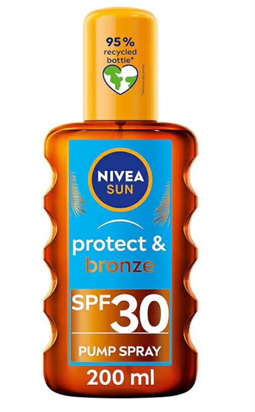 NIVEA SUN Protect & Bronze Oil Sunscreen Spray SPF 30 (200 ml), Sun Spray Provides Immediate UVA/UVB Protection and Stimulates the Skin's Natural Tanning with Pro-Melanin Extract, Water-Resistant