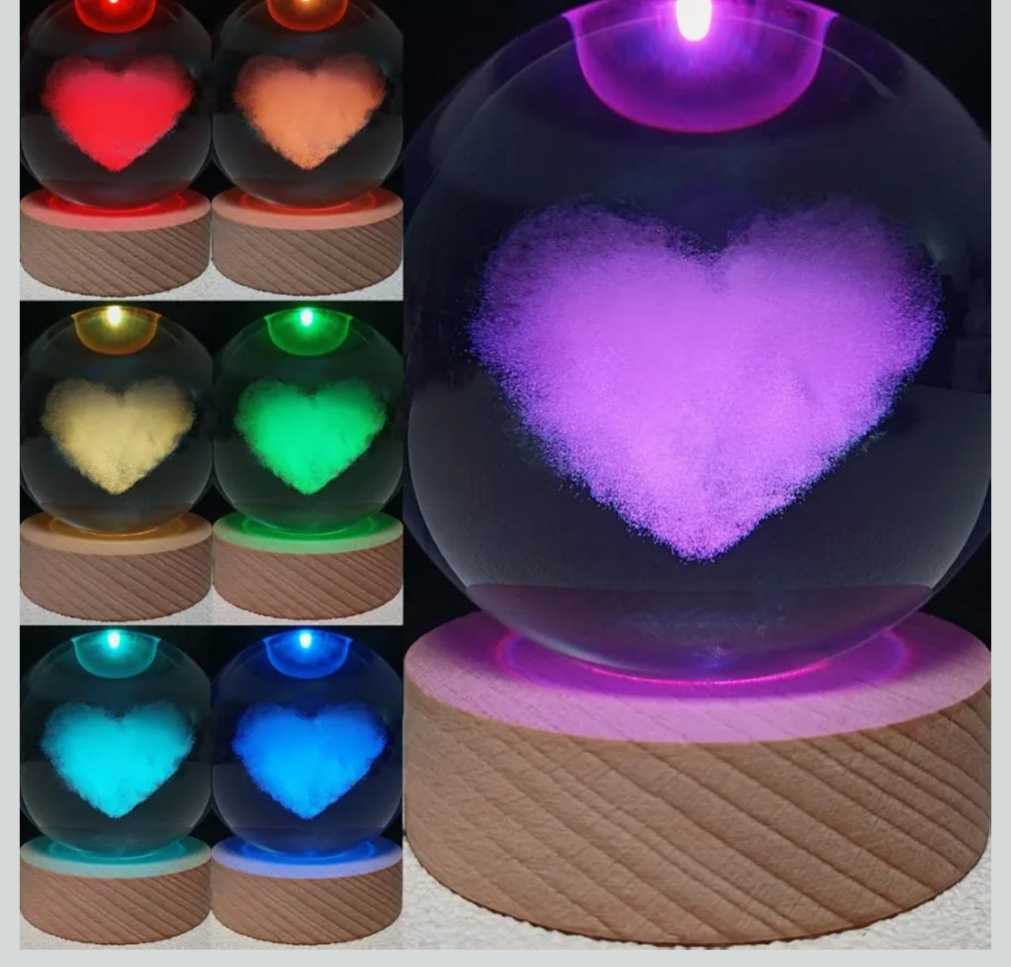 3D Engraving Crystal Ball Love Heart, LED Light, Wooden Base,