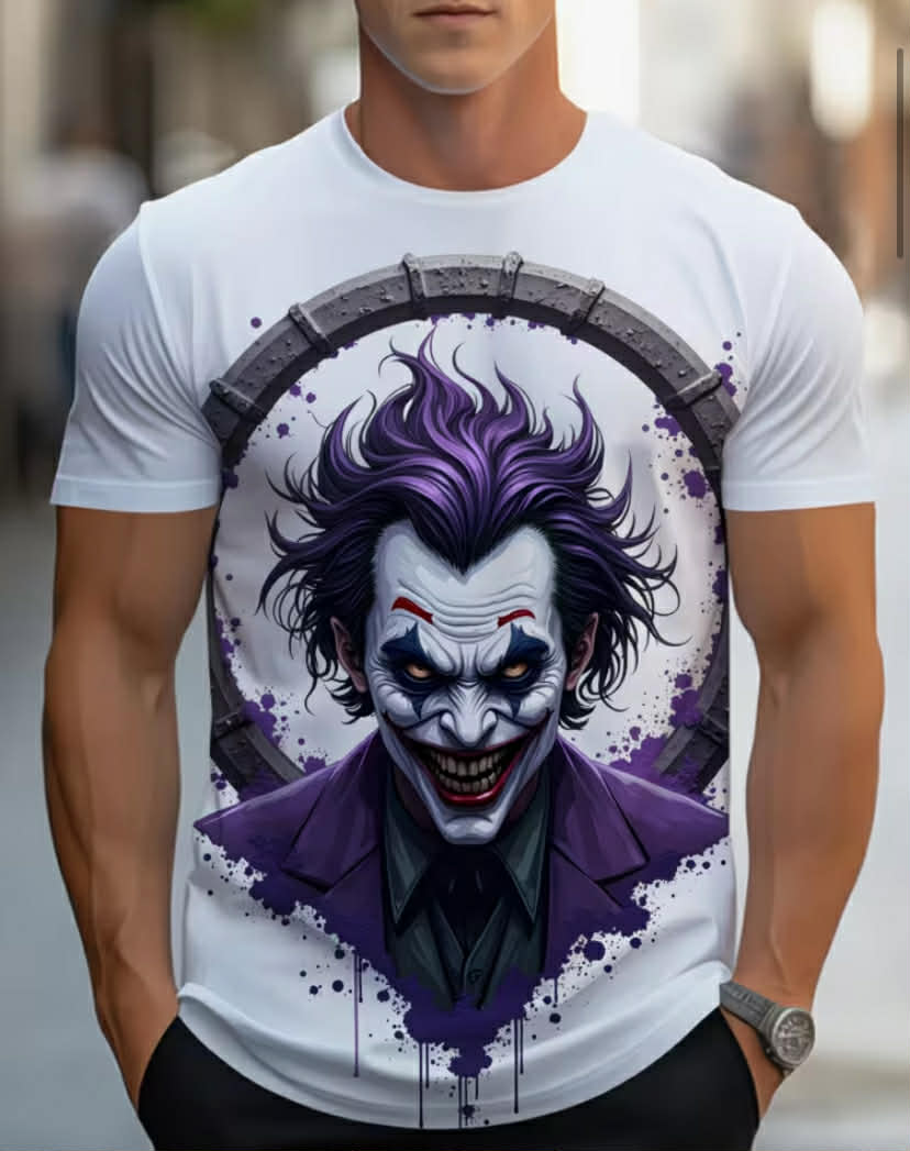 Men's Joker Graphic T-Shirt - Purple & White Colorblock Casual Round Neck Tee with Iconic Joker Print,
