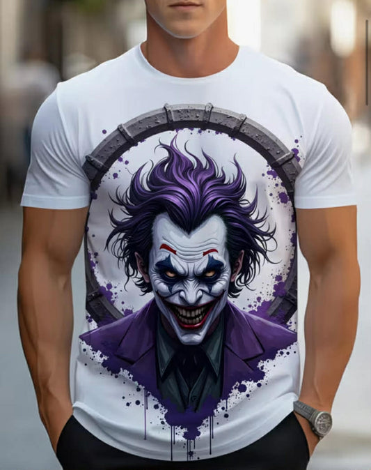 Men's Joker Graphic T-Shirt - Purple & White Colorblock Casual Round Neck Tee with Iconic Joker Print,