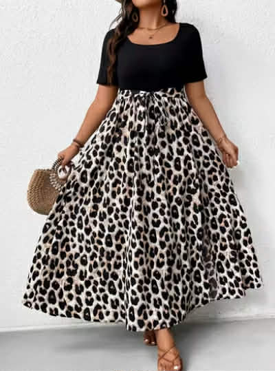 Plus Size Leopard Print Color - Blocked Easy Short-Sleeve Dress for Women, Autumn Wear