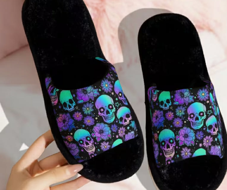 Skull and Flower Pattern Women's House Slippers, Men's House Slippers,
