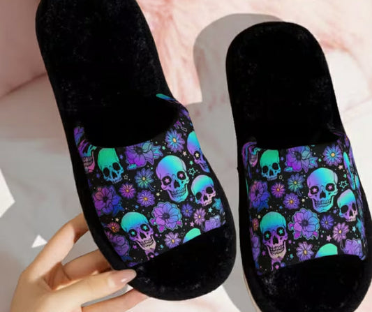 Skull and Flower Pattern Women's House Slippers, Men's House Slippers,