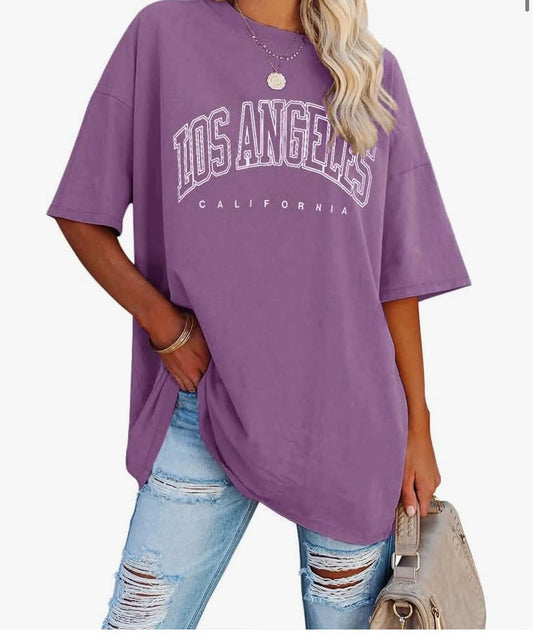 Women's Oversize T-Shirt Vintage Short Sleeve Shirts with Los Angeles Crew Neck Summer Tops