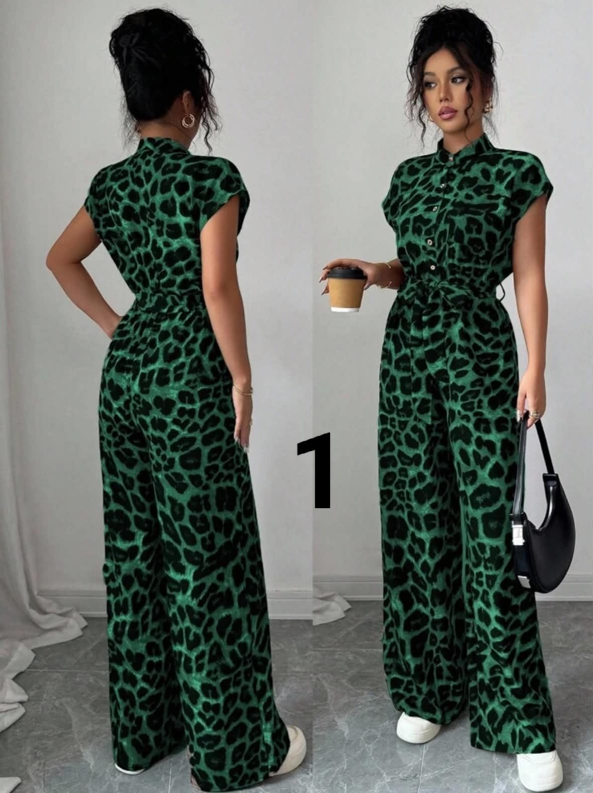 Women's Elegant Stand Collar Open Front Short Sleeve Waist Flared Leg Jumpsuit