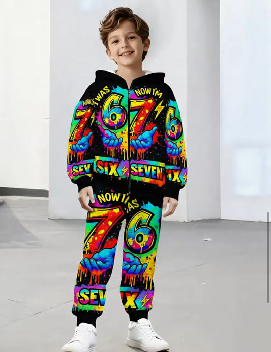 Boys' Black Dripping Number 67 'SIX SEVEN' Print Hooded Set, Spring Street Graffiti Style Zip-Up Jacket & Pants 2pcs Outfit, Perfect for Outdoor