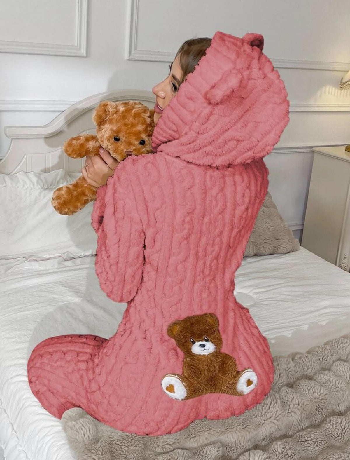 Dream Adore Women's Animal Cute Teddy Bear Embroidery Jacquard Plush Hooded Fluffy Pajama Jumpsuit.