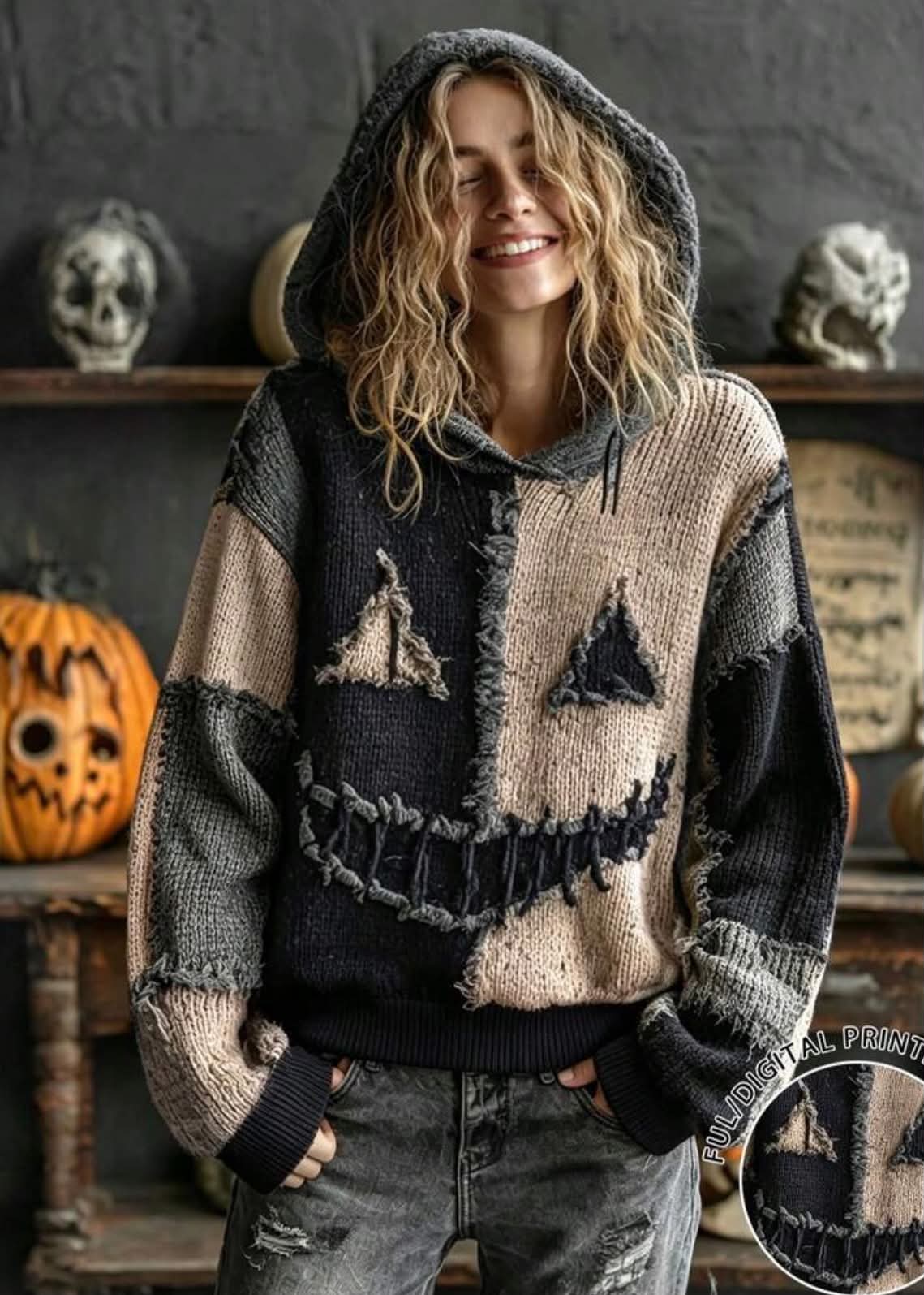 Women's Halloween Dark Night Style Black, Grey, Beige, White Color block Print Sweatshirt,