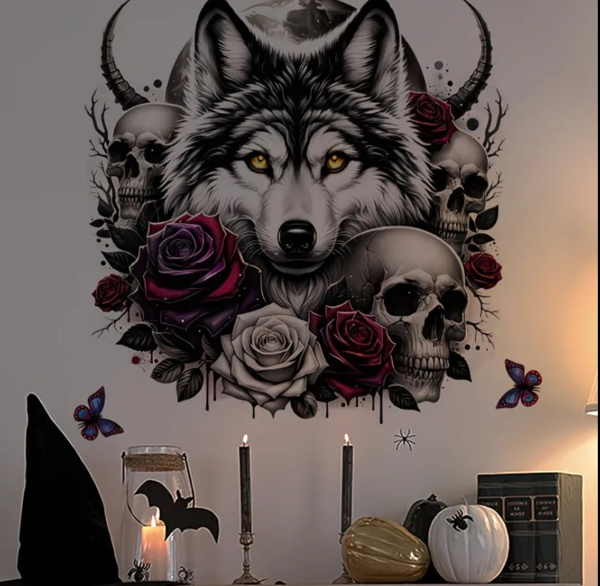 Self-Adhesive Wolf & Rose Gothic Wall Decal - Removable PVC Sticker